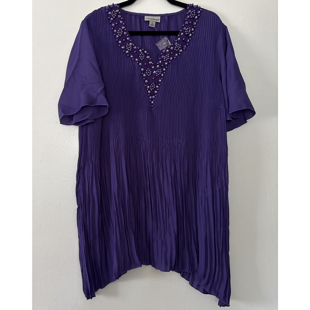 Catherines 1X Jeweled Ruched V-Neck Purple Bell Sleeve Cocktail Party Tunic NWT